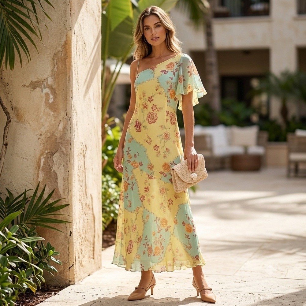 Kapalua Maxi Dress 8 Silk Chiffon Floral One Shoulder Asmy Ruffle Romantic